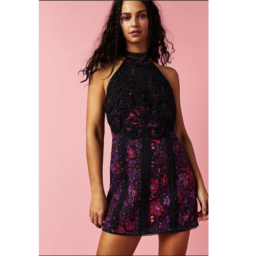 New Free People Miss You Floral Mini Halter Dress $250 Size 10 Purple Boho